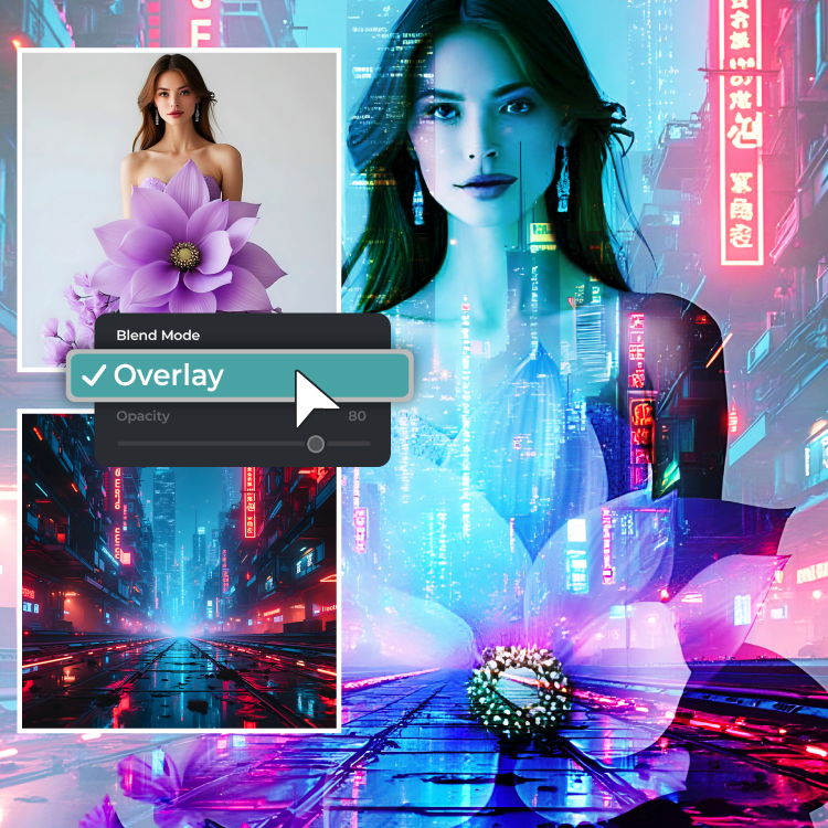 A graphic design interface with blend mode options over a futuristic cityscape and a floral element.